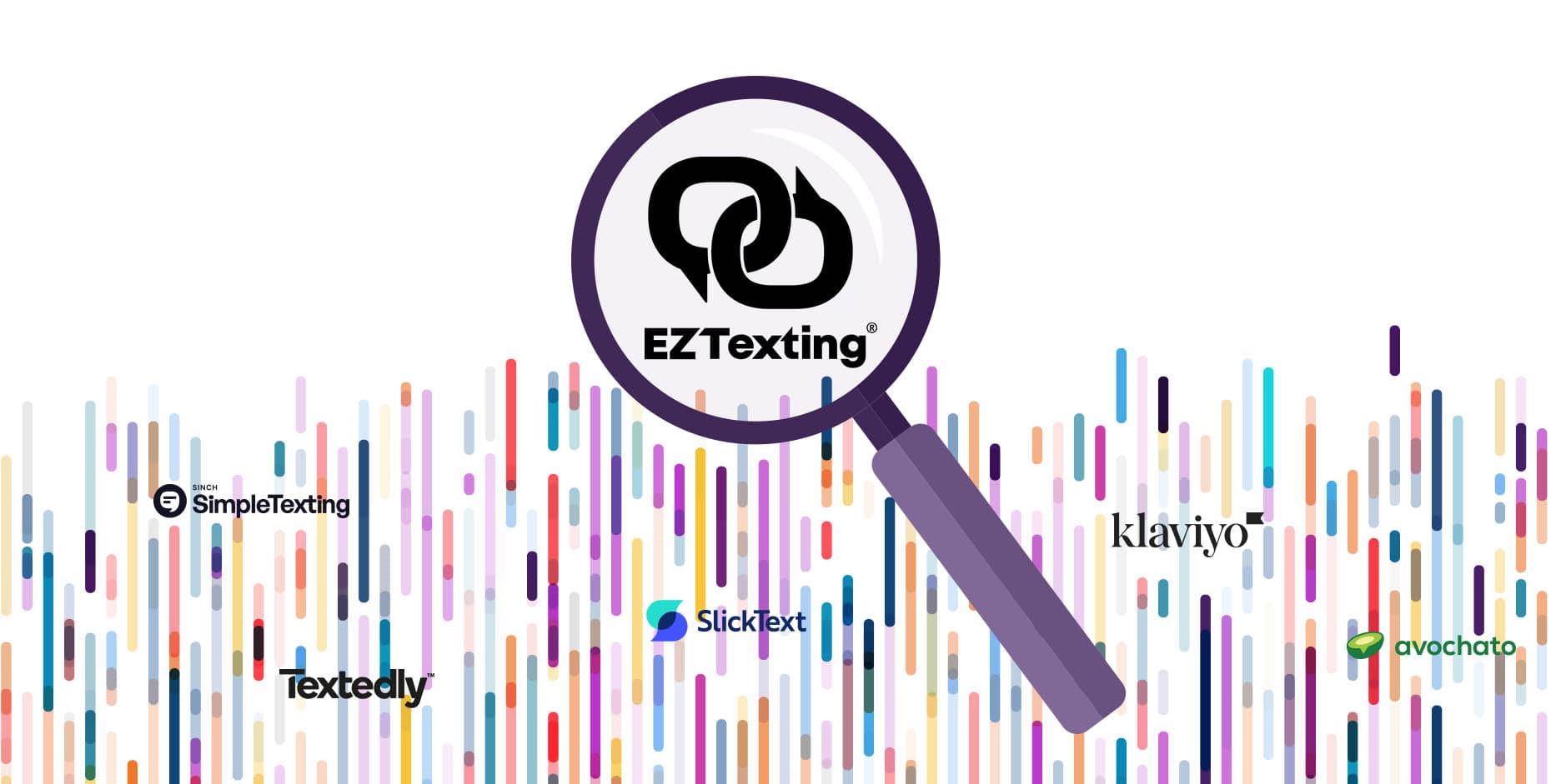 Illustration of magnifying glass honing in on EZ Texting over a market board with tiny competitor logos – slicktext, textedly, simpletexting, avochato, Klayvio, etc