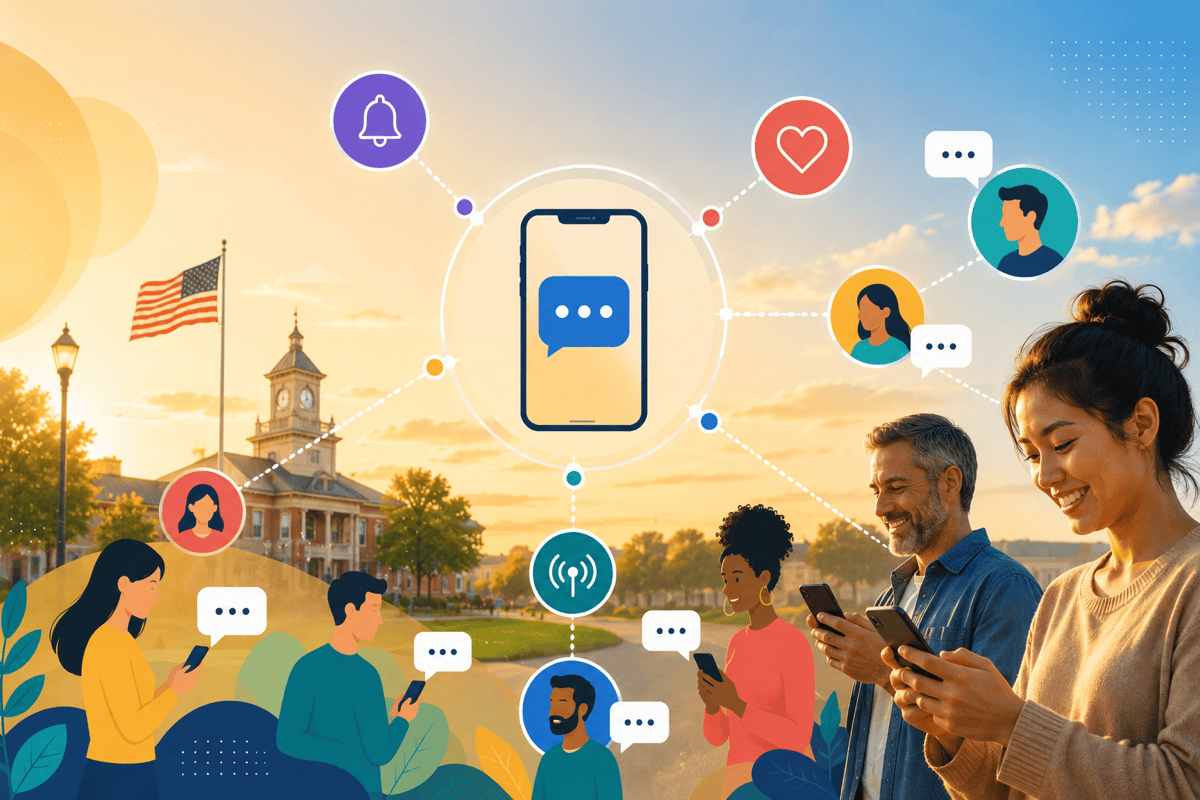Illustration of a constituent text message reaching diverse community members, with icons for immediacy, engagement, and wide reach