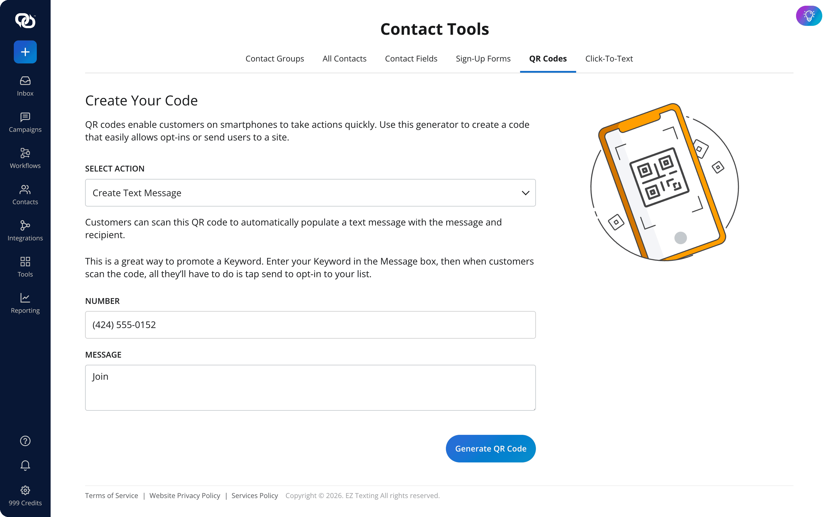 EZ Texting QR code generator screen for creating a campaign QR code that opens a text message, website, or sign-up form