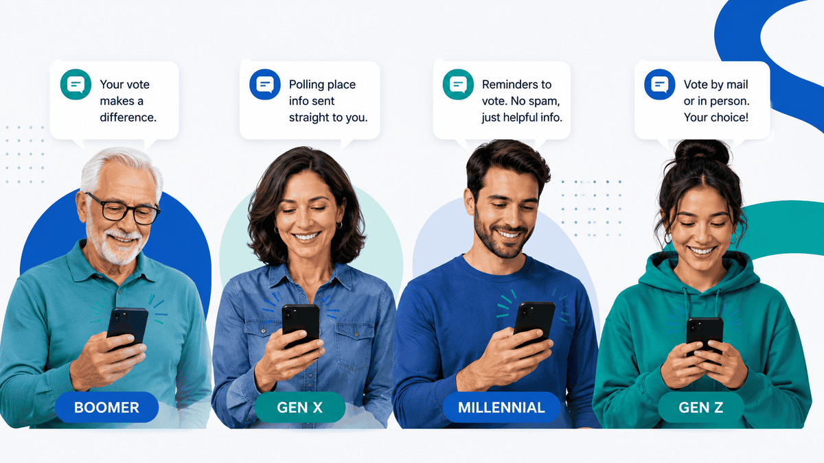 Voters of every generation, Boomer, Gen X, Millennial, and Gen Z, reading campaign texts on their phones.