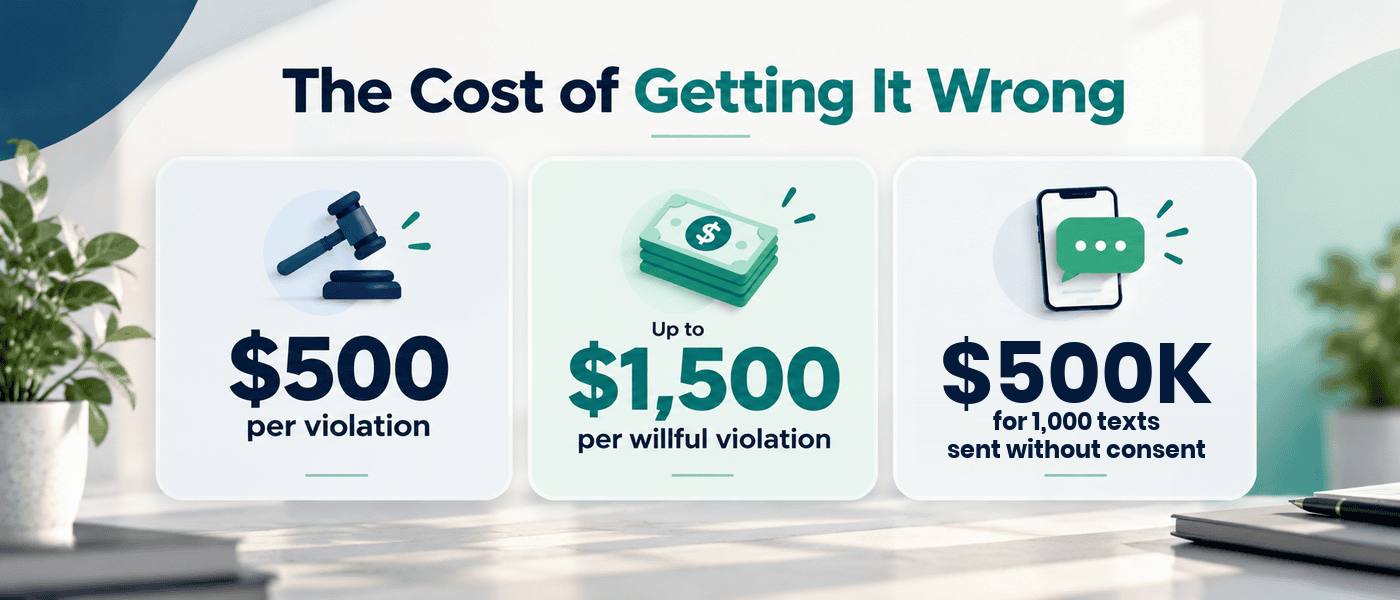Infographic on the cost of SMS non-compliance: $500 per violation, up to $1,500 per willful violation, and $500,000 for 1,000 texts sent without consent