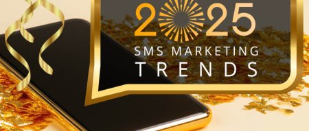 A large, sleek smartphone is slanted on its side and leaning diagonally (as if it’s been NYE partying, lol). A party hat is on the top corner of the phone, party streamers and confetti are on the floor, and a larger text bubble with “2025 SMS Marketing Trends!” comes out of the screen.