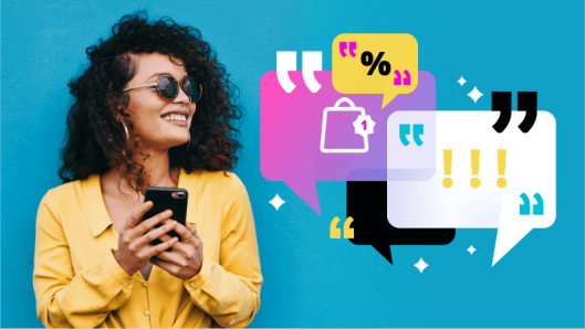 Image of a person looking at their phone text message, with abstract images of reminder notifications, shopping carts, etc
