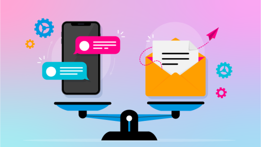 Illustration of a text message and email on a balance scale