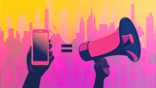Illustration of “smartphone = megaphone” amid election icons/colors. Smartphone and megaphone should be the actual items in the image, not spelled out