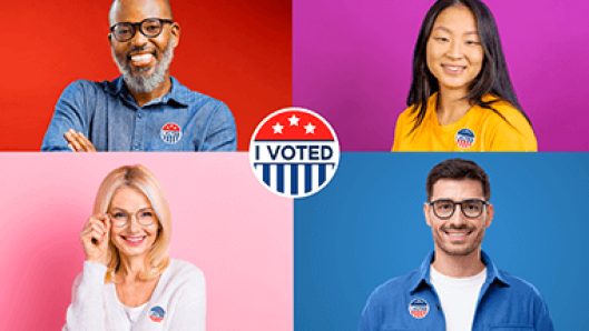 Spilt screen of 4+ different looking people with a close-up of them wearing an “I Voted” sticker