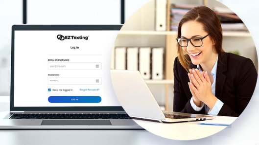 Desktop computer showing EZ Texting app upon login and a person behind laptop having an “aha” moment