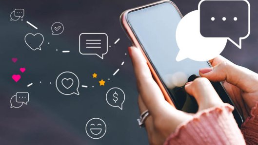 illustration of a modern smartphone with exciting symbols erupting out from the screen – exclamation points, hearts, checkmarks, megaphones, hourglasses, party poppers (?), bells, sirens (?)