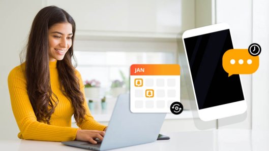 Girl on laptop with calendar and mobile icons