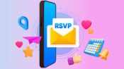 Illustration of a smartphone displaying an evite with RSVP symbols (like thumbs up, heart, “yes!”, etc)