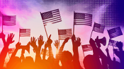 Illustration of hands holding up election-colored flags, banners, megaphones, ballots, etc.