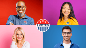 Spilt screen of 4+ different looking people with a close-up of them wearing an “I Voted” sticker