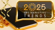 A large, sleek smartphone is slanted on its side and leaning diagonally (as if it’s been NYE partying, lol). A party hat is on the top corner of the phone, party streamers and confetti are on the floor, and a larger text bubble with “2025 SMS Marketing Trends!” comes out of the screen.