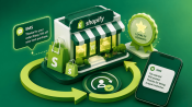 Illustration of a Shopify store built for customer retention: storefront, shopping bags, a loyalty rewards badge, a repeat-customer loop, and SMS notifications.
